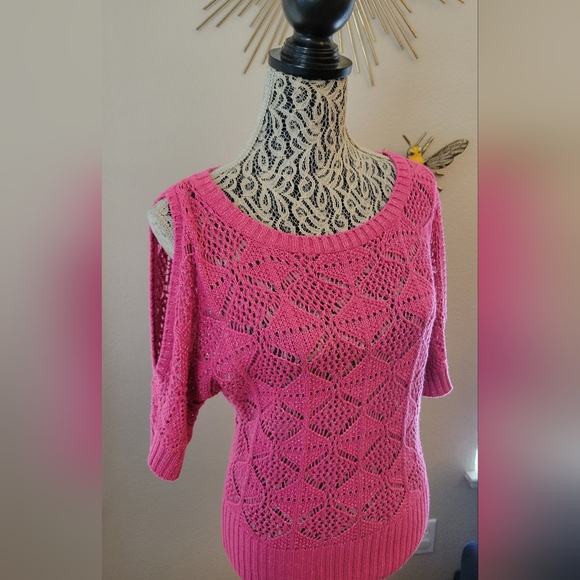 Vintage Candies Hot Pink Knit Tinsel Sweater with Open Sleeves (Size Large) - Picture 2 of 5